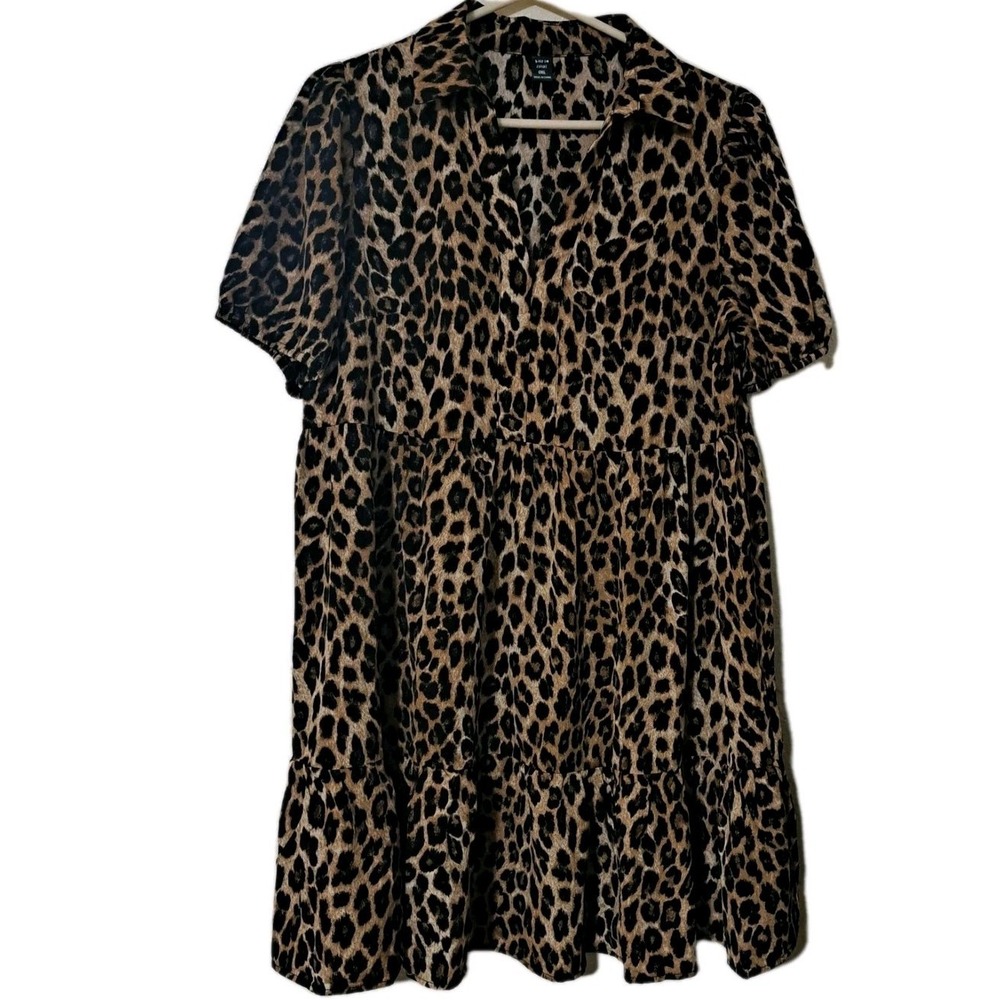 039) Shein Curve OXL Womens Leopard Baby Doll Dress Brown Animal Print Collared